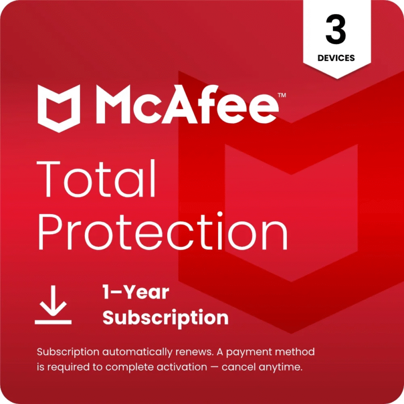 McAfee Total Protection Antivirus & Internet Security Software  2025 - 3 Devices - 1-Year Subscription with Auto-Renewal
